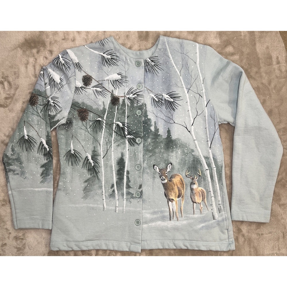 Vintage Artisans Deer Winter Scenic Cardigan Small Woodland Cabincore Pockets